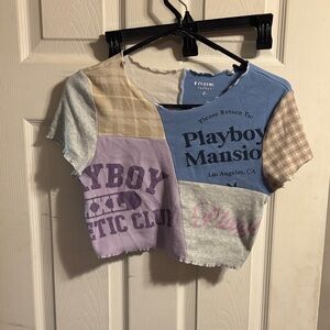 PLAYBOY Patchwork Crop Top in Blue, Purple, Gray, Tan